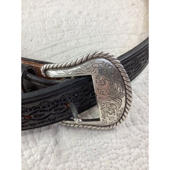 Vintage Black Tooled Leather Money Belt*Silver-Tone Buckle*Western Style Size 36 - Picture 1 of 8
